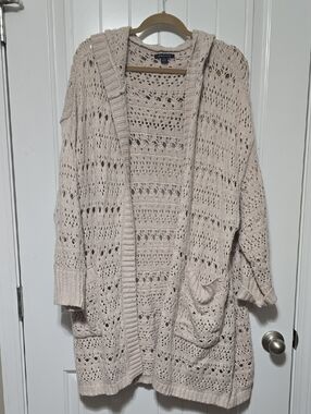 American Eagle Outfitters Open-Knit Hooded Cardigan in Beige
